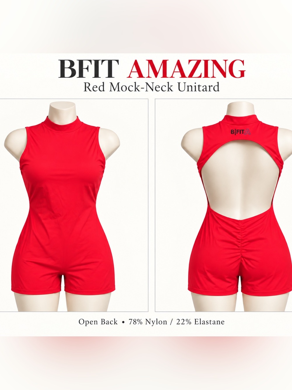 BFit Amazing Red Mock Neck Open Back Unitard Ruched Sleeveless Athletic Romper